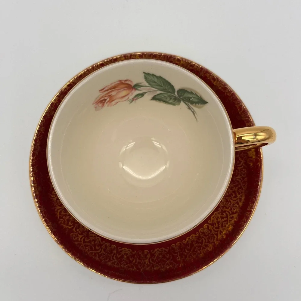 Homer Laughlin Lady Stratford Tea Cup and Saucer Set Maroon Gold Rose 2 Piece